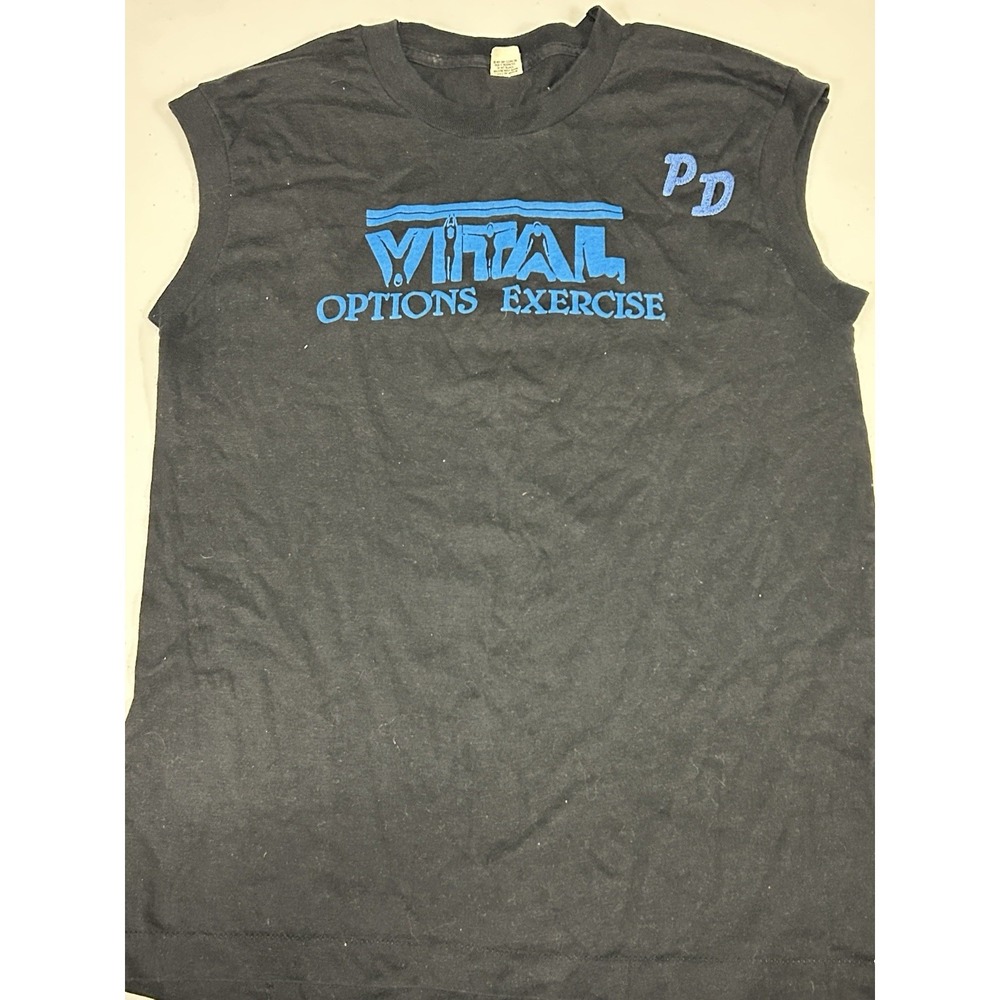 Vintage Vital Options Exercise Shirt Tee M Screen Stars Black Cut-Off Gym Muscle
